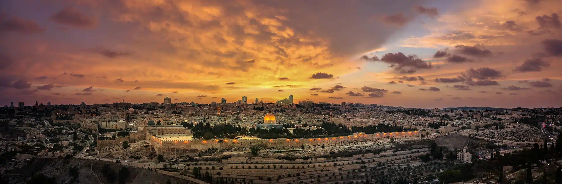 View of Old Town Jerusalem during sunset from the top of the Mount of Olives